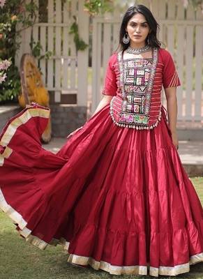 Maroon Kora Cotton Blend Navratri Lehenga Choli Set 1