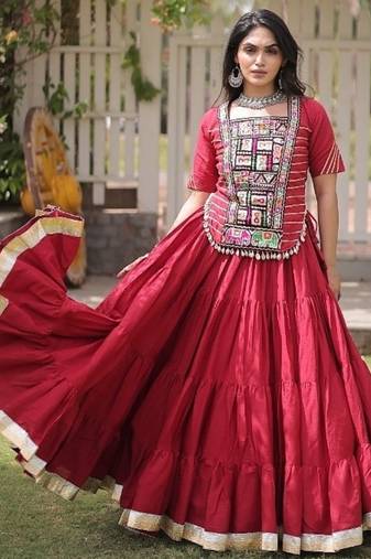 Maroon Kora Cotton Blend Navratri Lehenga Choli Set