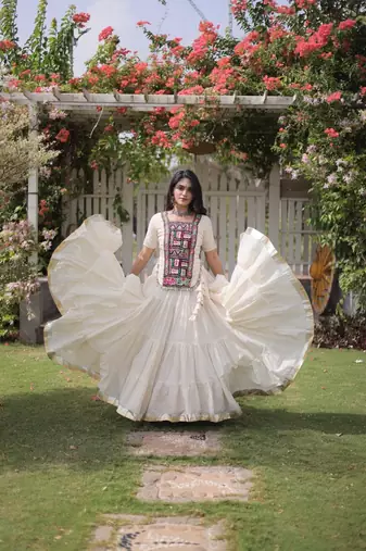Off White Kora Cotton Blend Navratri Lehenga Choli Set