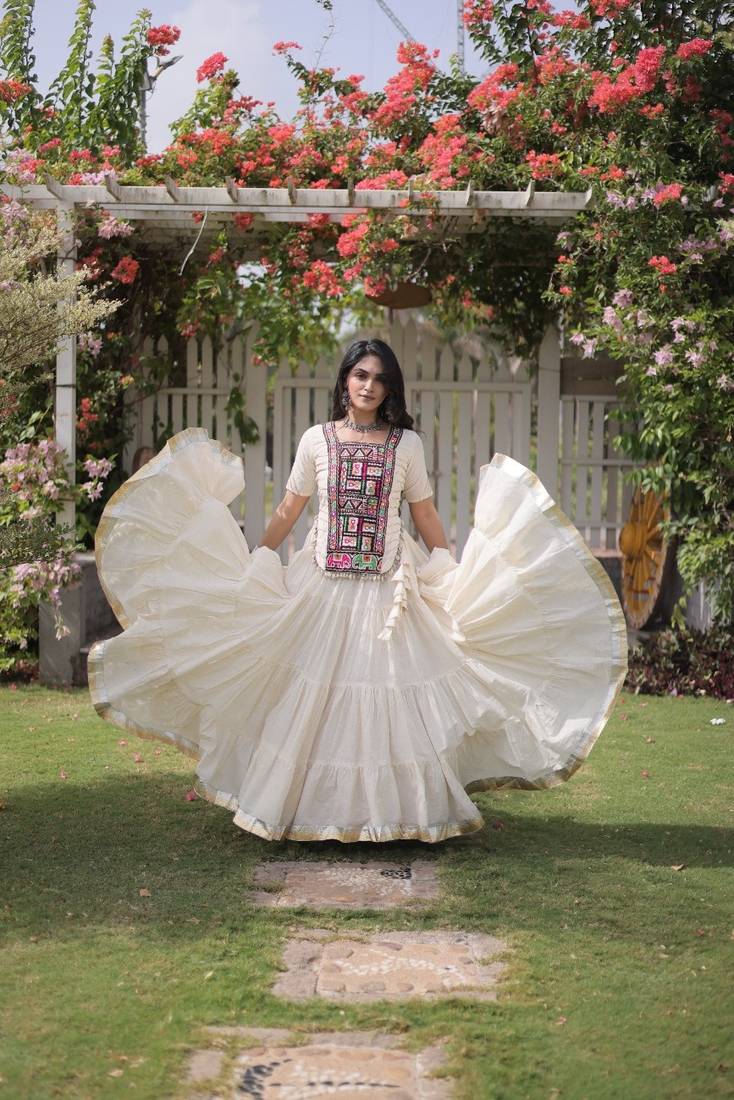 Off White Kora Cotton Blend Navratri Lehenga Choli Set