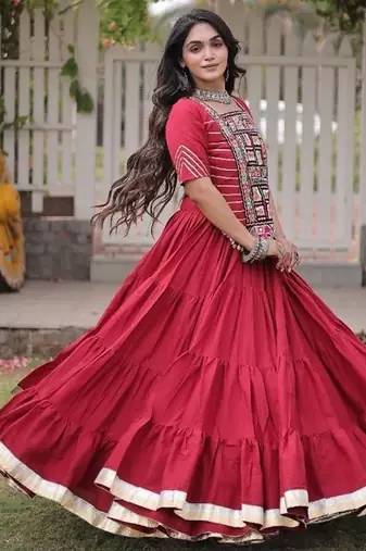 Maroon Kora Cotton Blend Navratri Lehenga Choli Set
