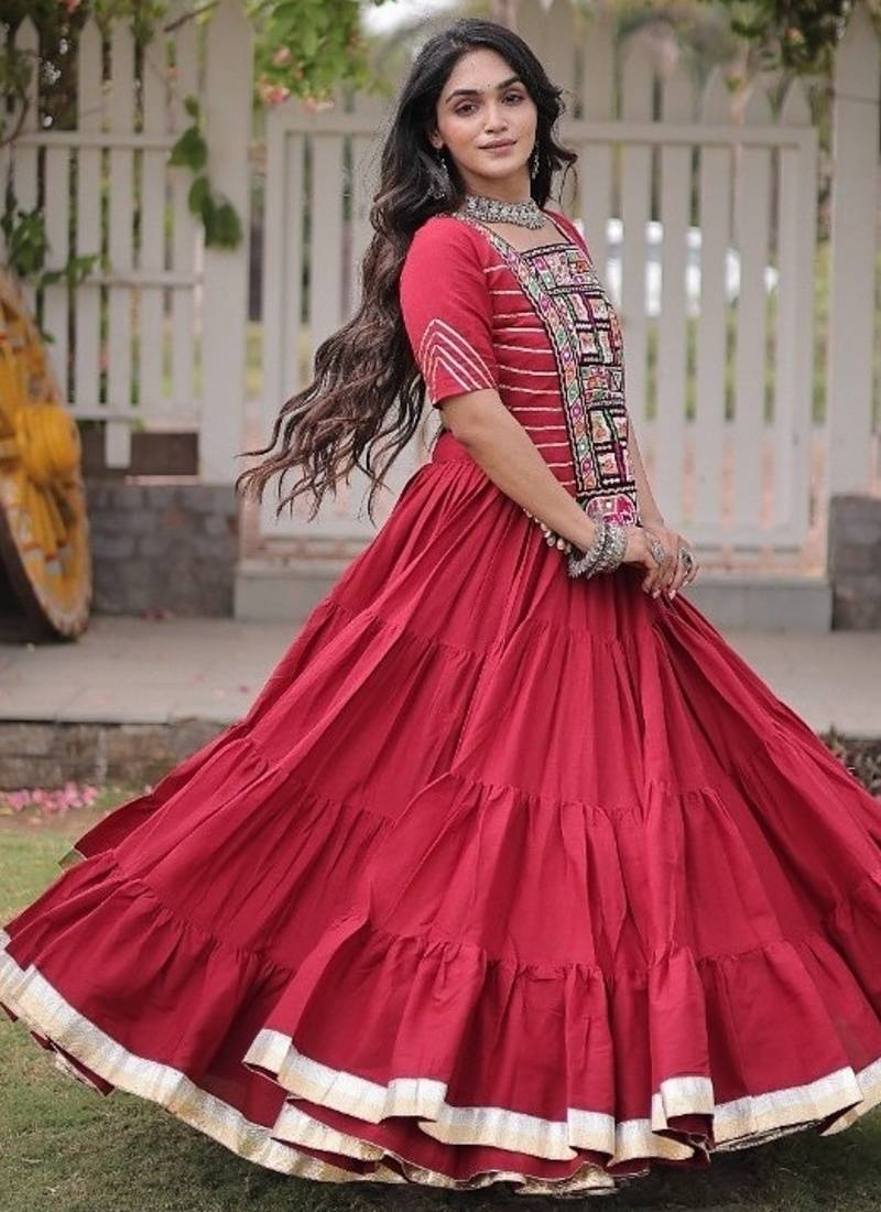 Maroon Kora Cotton Blend Navratri Lehenga Choli Set