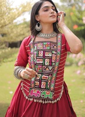 Maroon Kora Cotton Blend Navratri Lehenga Choli Set 4