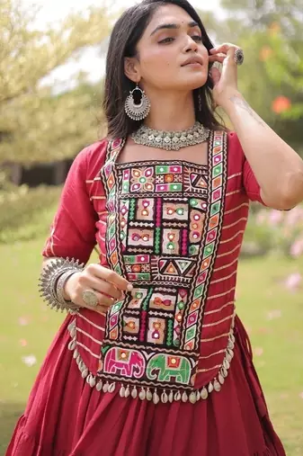 Maroon Kora Cotton Blend Navratri Lehenga Choli Set