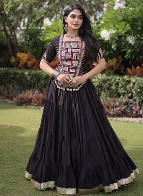 Black Kora Cotton Blend Navratri Lehenga Choli Set 1