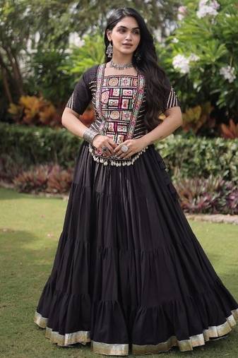 Black Kora Cotton Blend Navratri Lehenga Choli Set