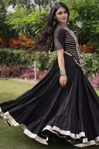 Black Kora Cotton Blend Navratri Lehenga Choli Set