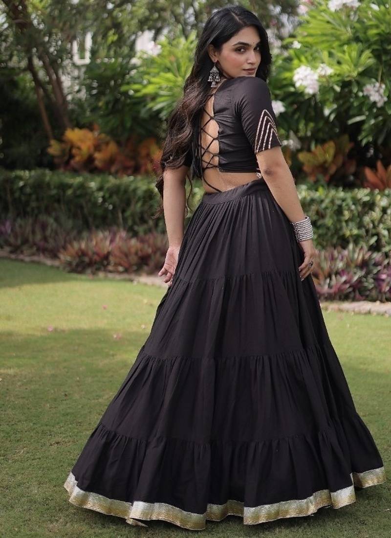 Black Kora Cotton Blend Navratri Lehenga Choli Set