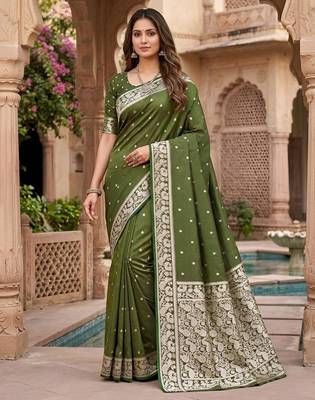 Mehendi color silk blend zari weaving sarees 1