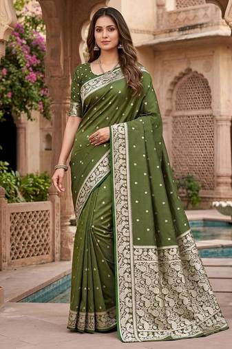 Mehendi color silk blend zari weaving sarees
