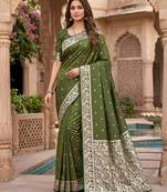 Mehendi color silk blend zari weaving sarees