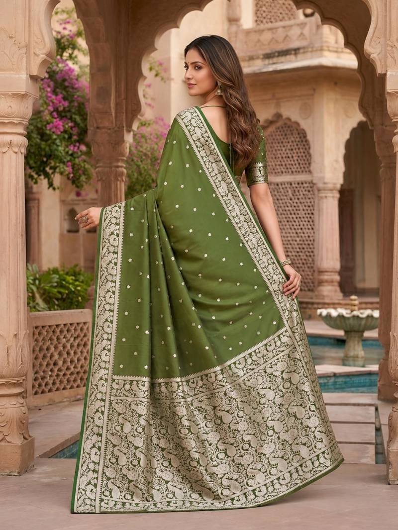 Mehendi color silk blend zari weaving sarees