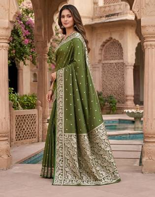 Mehendi color silk blend zari weaving sarees 3