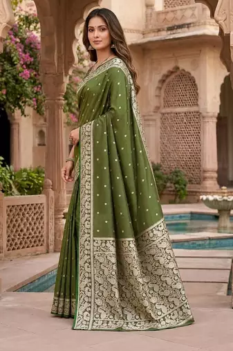 Mehendi color silk blend zari weaving sarees