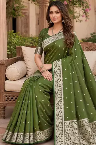 Mehendi color silk blend zari weaving sarees