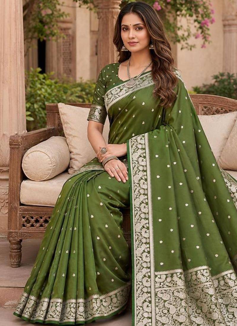 Mehendi color silk blend zari weaving sarees