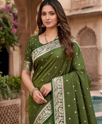 Mehendi color silk blend zari weaving sarees 5