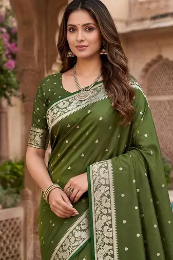 Mehendi color silk blend zari weaving sarees