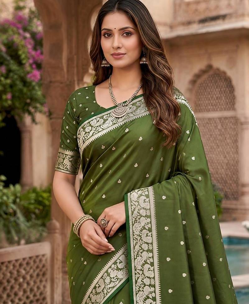 Mehendi color silk blend zari weaving sarees