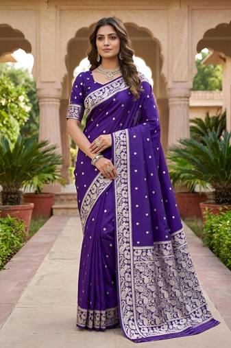 Blue color silk blend zari weaving sarees