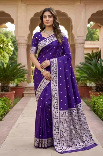 Blue color silk blend zari weaving sarees