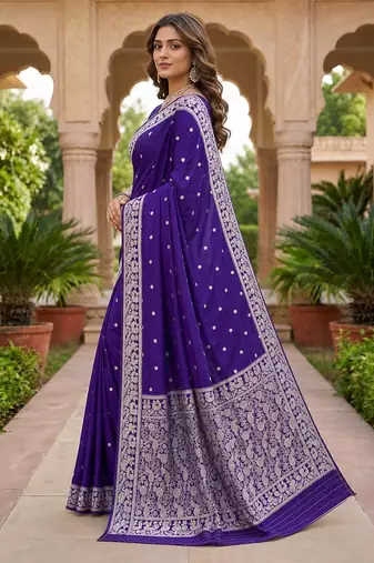 Blue color silk blend zari weaving sarees