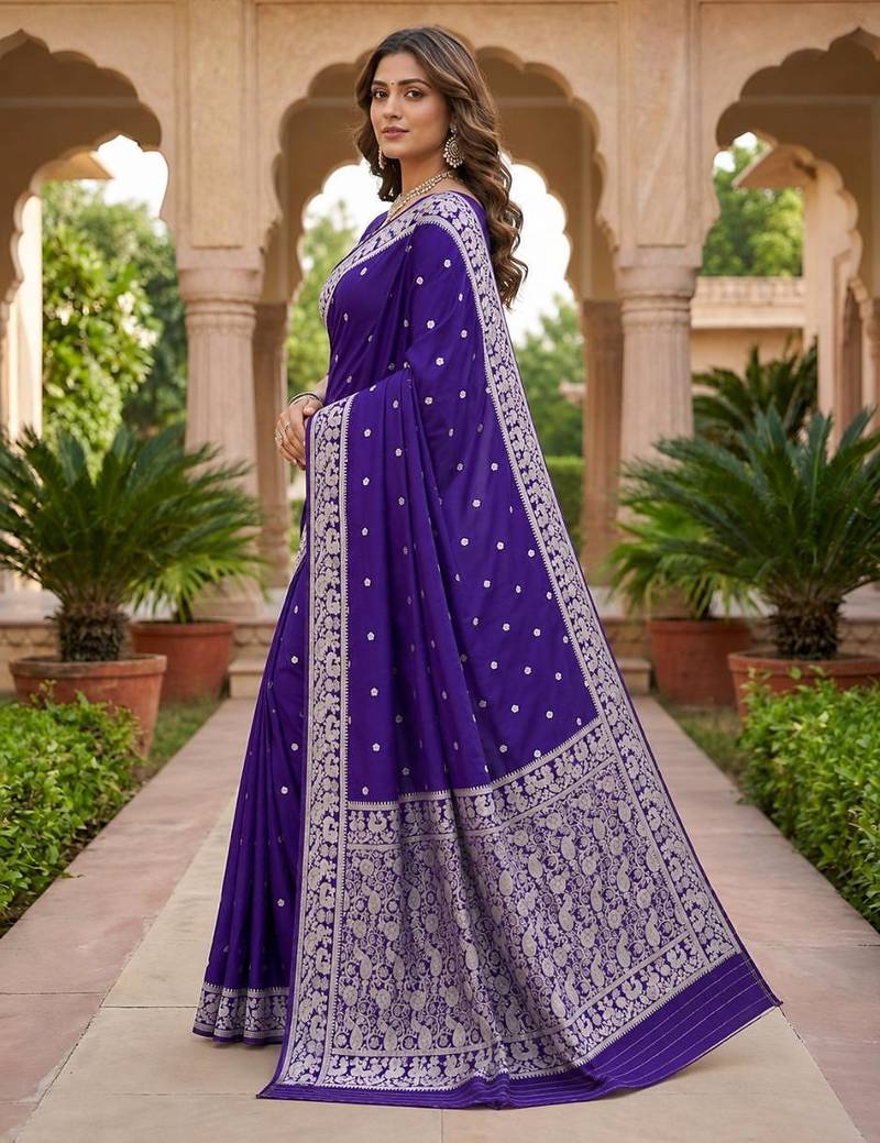 Blue color silk blend zari weaving sarees