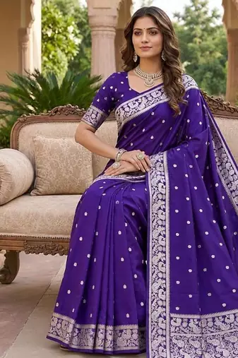 Blue color silk blend zari weaving sarees