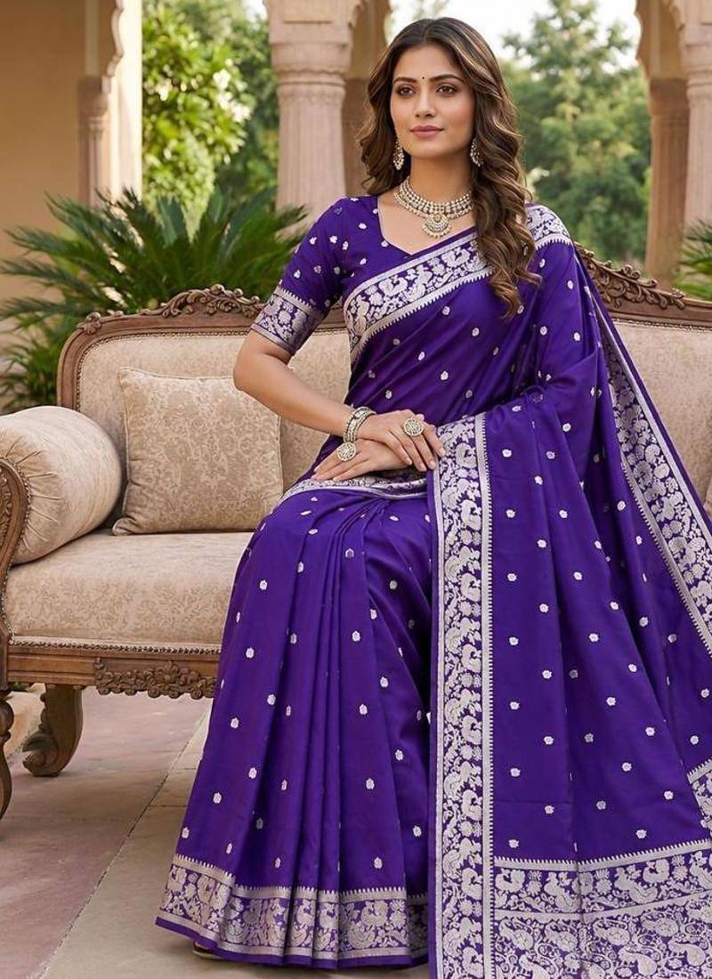 Blue color silk blend zari weaving sarees