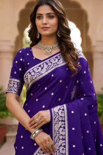 Blue color silk blend zari weaving sarees