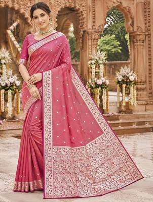 Peach color silk blend zari weaving sarees 1