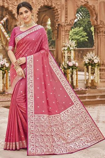 Peach color silk blend zari weaving sarees