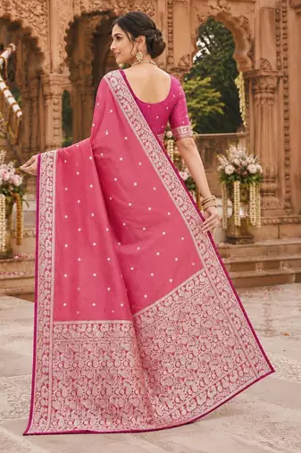Peach color silk blend zari weaving sarees