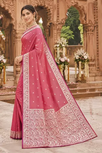 Peach color silk blend zari weaving sarees