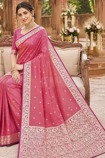 Peach color silk blend zari weaving sarees