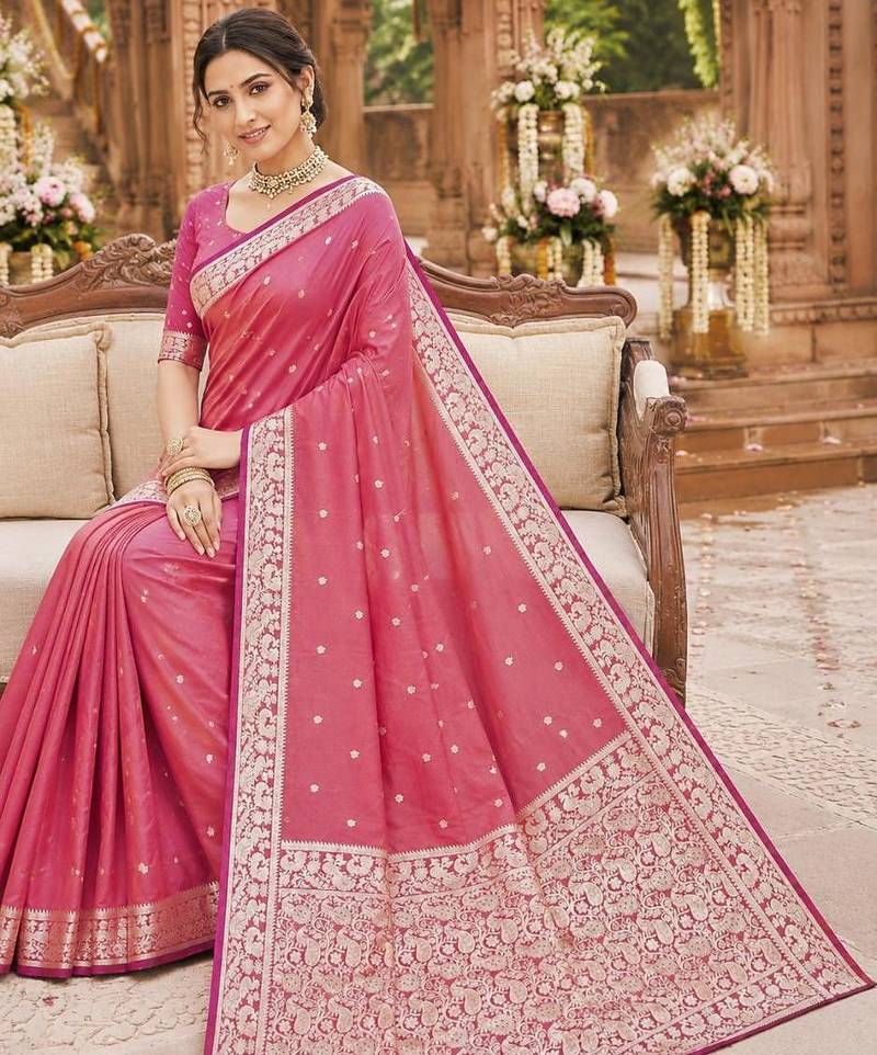 Peach color silk blend zari weaving sarees