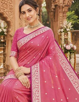 Peach color silk blend zari weaving sarees 5