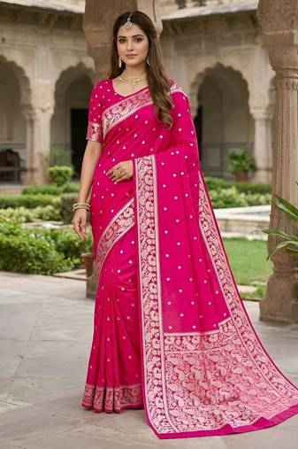 Pink color silk blend zari weaving sarees
