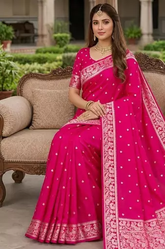 Pink color silk blend zari weaving sarees