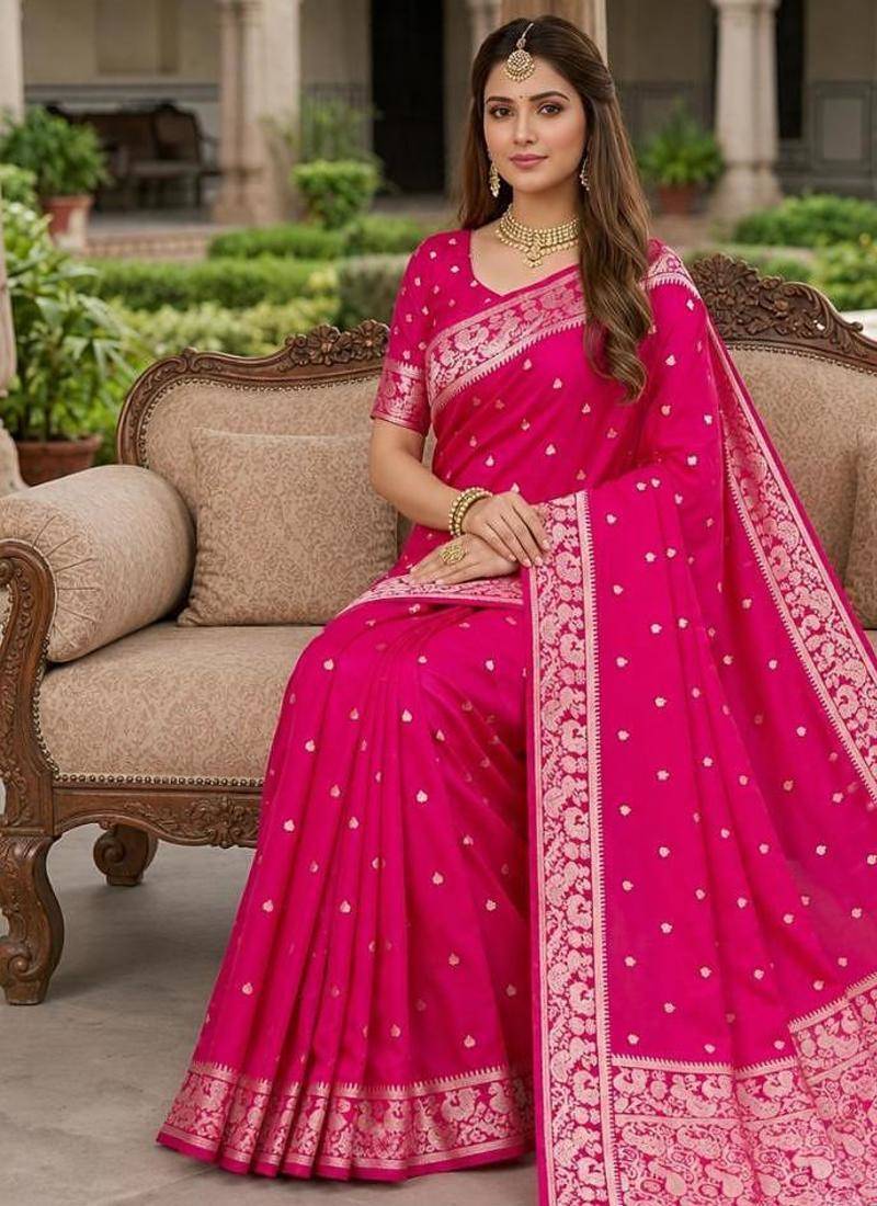 Pink color silk blend zari weaving sarees