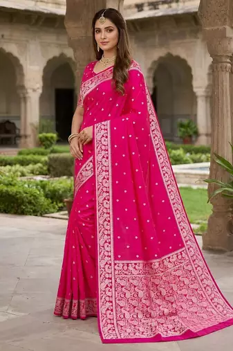 Pink color silk blend zari weaving sarees
