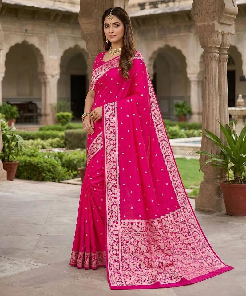Pink color silk blend zari weaving sarees