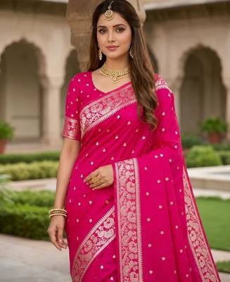 Pink color silk blend zari weaving sarees 5