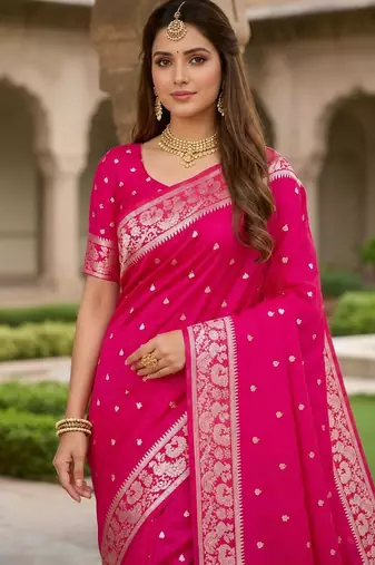 Pink color silk blend zari weaving sarees