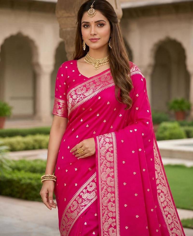 Pink color silk blend zari weaving sarees