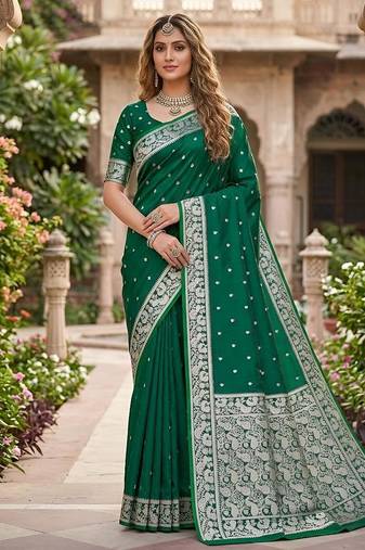 Green color silk blend zari weaving sarees