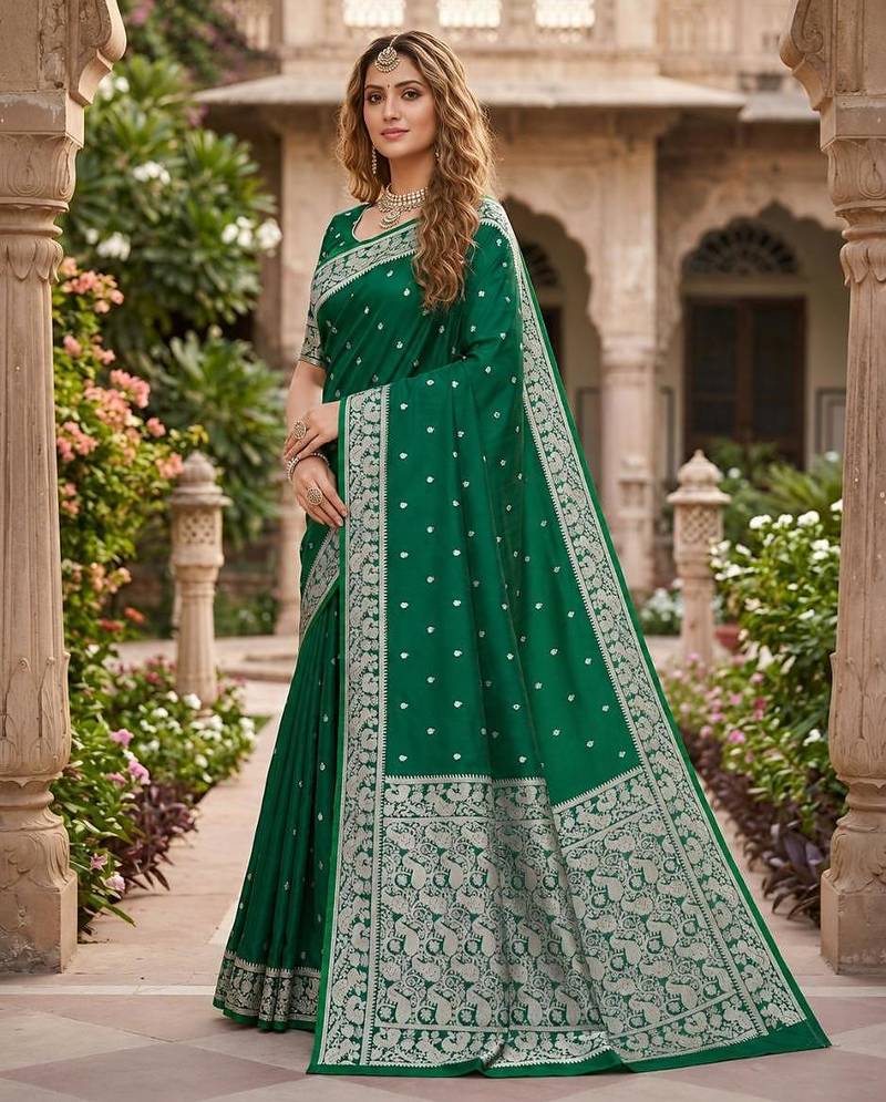 Green color silk blend zari weaving sarees