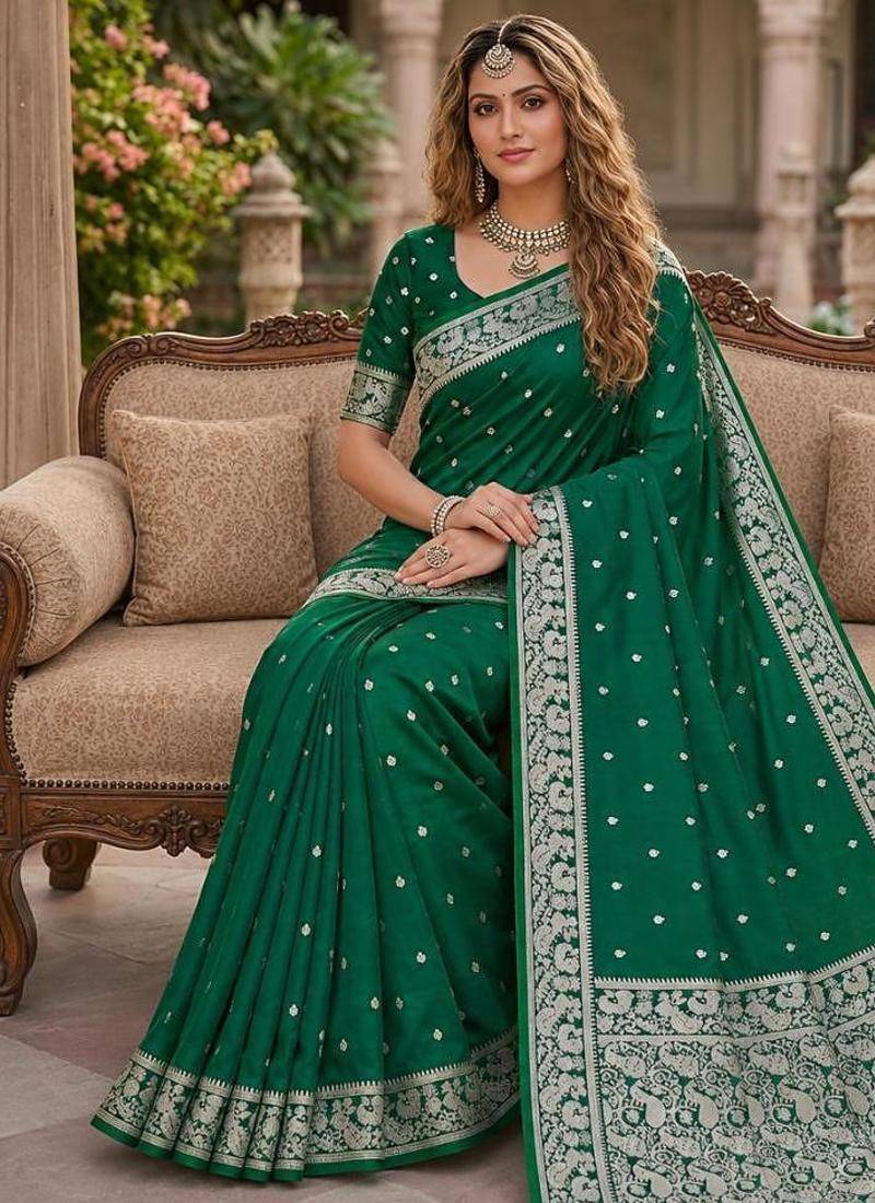 Green color silk blend zari weaving sarees