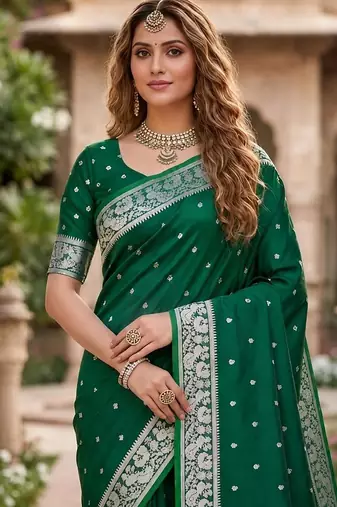 Green color silk blend zari weaving sarees