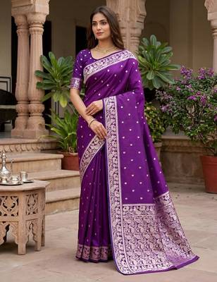 Purple color silk blend zari weaving sarees 1